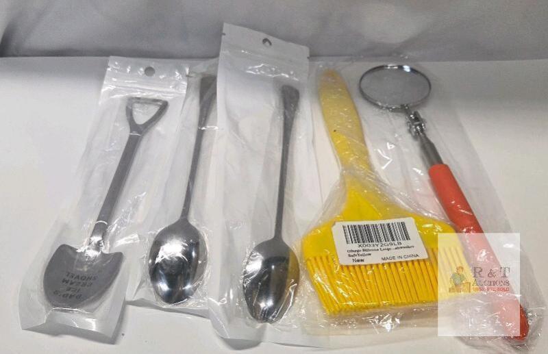 NEW Mixed Kitchen Tool Lot: Stainless Steel Spoons, Ofargo Silicone Brush, Telescoping Mirror,