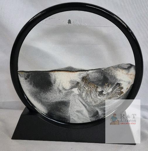 Large Round Moving Sand Art Picture Frame, Black Base, 12", Black & White with Gold Accents