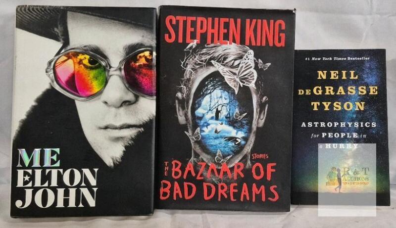 Me Elton John, The Bazaar of Bad Dreams by Stephen King, Astrophysics for People in a Hurry Tyson Lot