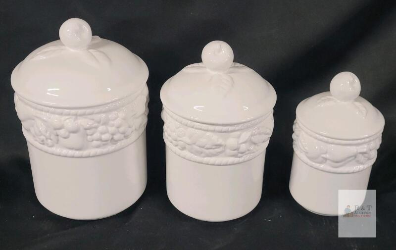 Belize Embossed Collection White Ceramic Kitchen Canister Set of 3, Fruit Relief Design, 9/8/7 Inch