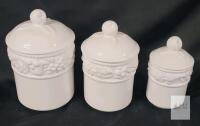 Belize Embossed Collection White Ceramic Kitchen Canister Set of 3, Fruit Relief Design, 9/8/7 Inch