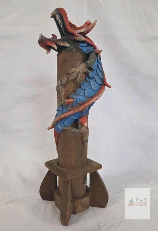 Dragon Design Wooden Incense Burner, Hand-Painted, 13.4" Tall, Multi-Color, Sculpted Base