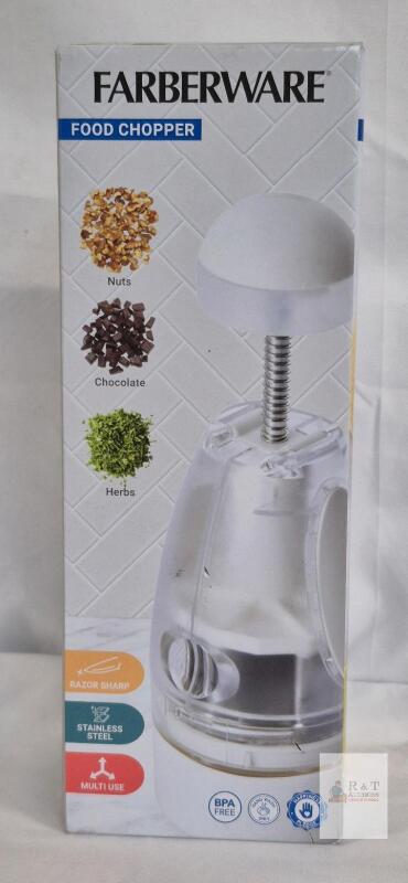 Farberware Manual Food Chopper, Stainless Steel Blades, BPA-Free, Hand Wash, White/Clear