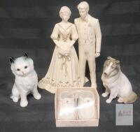 Porcelain Figurine Set &ndash; Wedding Couple, Persian Cat, Collie Dog, February Birthstone Baby Shoes