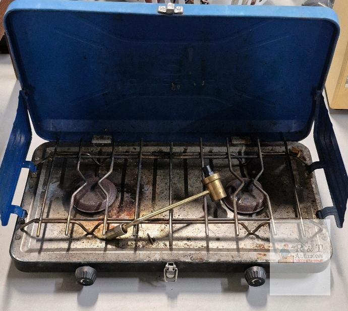 Outbound Two-Burner Propane Camping Stove, Blue, Manual Ignition, 21.5" Wide, Brass Adapter