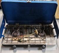 Outbound Two-Burner Propane Camping Stove, Blue, Manual Ignition, 21.5" Wide, Brass Adapter