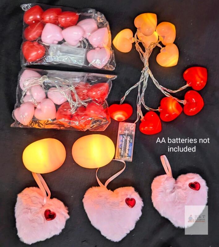 Battery Heart-Shaped String Lights, 3 Sets, Red & Pink, Plush Heart Ornaments,