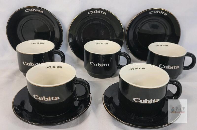 Cubita Caf&eacute; de Cuba 10-Piece Espresso Cup & Saucer Set, Black Ceramic with Gold Rim, 3 oz