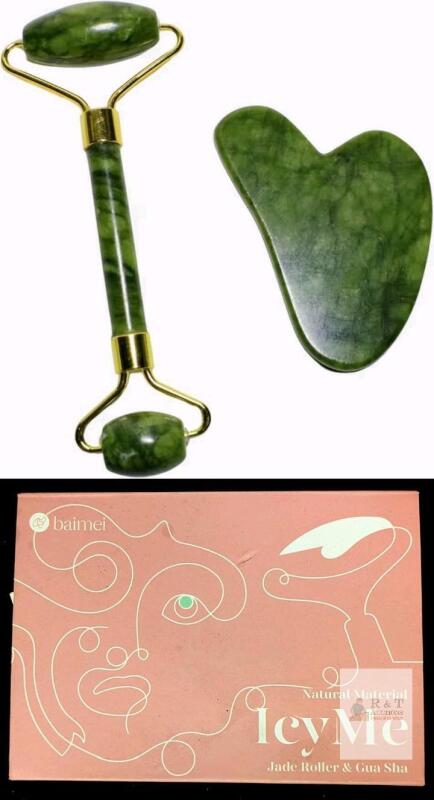 NEW baimei IcyMe Jade Roller & Gua Sha Set - Natural Green Stone, Boxed, Facial Skincare Massage Tool