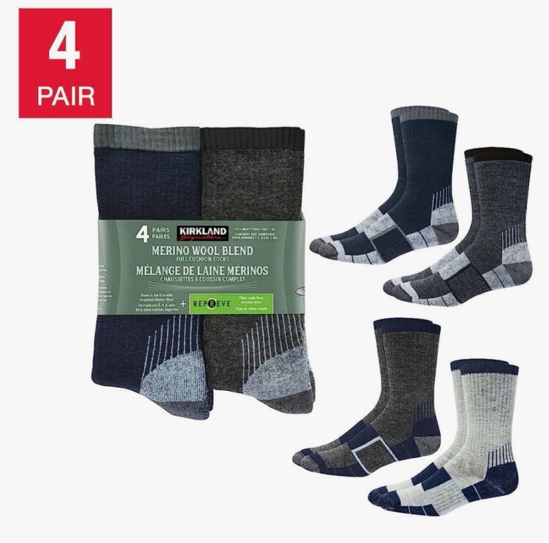 4 New Pairs of Men's Merino Wool Blend Socks by Kirkland Signature