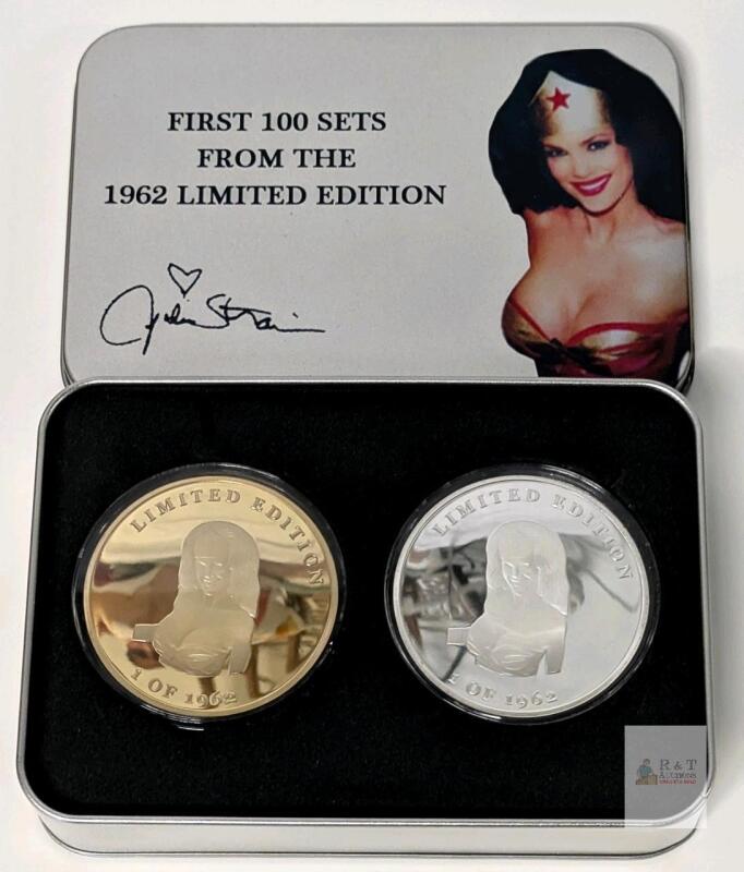 [Rare] Limited Edition JULIE STRAIN (1962&ndash;2021) FANS CLUB Wonder Woman Collectable Medallion Pair in Collectable Metal Tin, February 18, 1962 Concord California, From First 100 Sets, Coins in Hard Protective Cases, 2.3" Diameter Each
