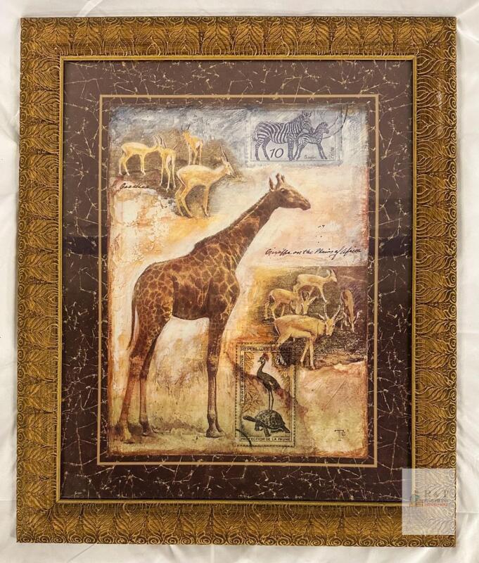 Framed "Giraffe on the Plains of Africa" Print APPROX 24"x28", Ornate Gold Frame, Safari Theme