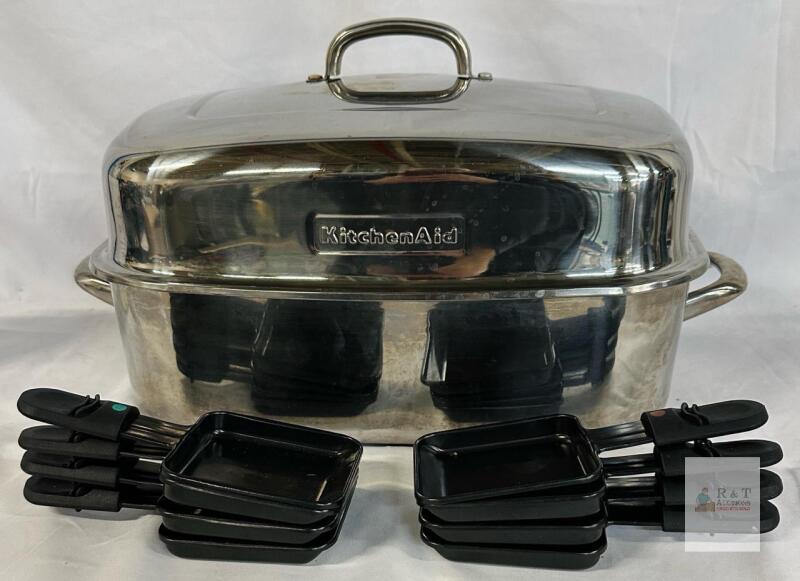 KitchenAid Stainless Raclette Set with 8 Nonstick Mini Trays, 15"x12" Roasting Pan, Some surface scratching/wear visibleColor Handles