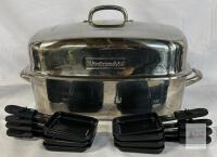 KitchenAid Stainless Raclette Set with 8 Nonstick Mini Trays, 15"x12" Roasting Pan, Some surface scratching/wear visibleColor Handles