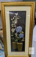 Large Gold Framed 3D Floral Relief Wall Art, APPROX 41"x21", Textured Mixed Media with Hanging Cord