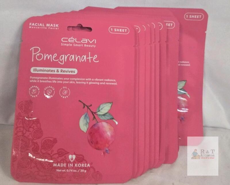 12 PACK C&eacute;laVi Pomegranate Facial Sheet Masks, Illuminates & Revives, 0.74 fl.oz. Each, Made in Korea,