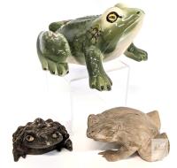 Handmade Frog and Toad Figurine Set &ndash; Ceramic Glazed & Wood Carvings, Signed & Dated 1992<br/>Note: Carved Japanese Cryptomeria Toad / Frog has had a repair to a front foot. No chips or cracks in porcelain frog