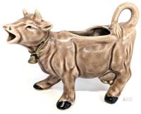 Vintage Ceramic Cow Creamer Pitcher, 3.5" Tall, Brown Glaze, Brass Bell, Open Mouth Pour Spout<br/>No Large chips or cracks, fleabites can be felt along edges and tips, crazing present