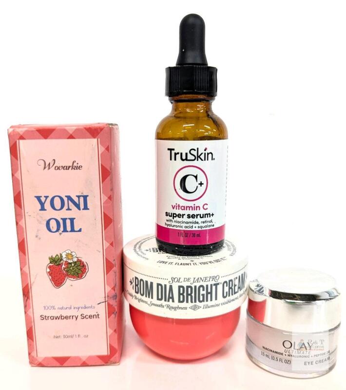TruSkin Vitamin C Serum, Sol De Janeiro Bom Dia, Olay Eye Cream, Wovarkie Yoni Oil Lot Note: Online returns. Volumes may be lower than listed