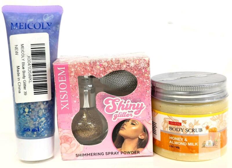 MEICOLY Blue Body Glitter 50ml, XISJOEM Shimmering Spray, HSOEIXL Honey Almond Body Scrub 4.9oz