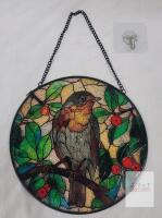 NEW 2D Stained Glass-Style Round Suncatcher 8" Bird & Berries Design with Hanging Chain and Hook Included
