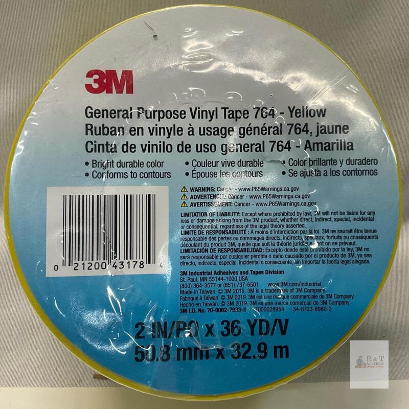 3M 764 Yellow General Purpose Vinyl Tape, 2 in x 36 yd, 5 mil, Rubber Adhesive, UPC 021200431784