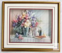Framed Floral Still Life Print 28.5" x 24" Double Mat Gold Frame Teapot Book Pastel Art