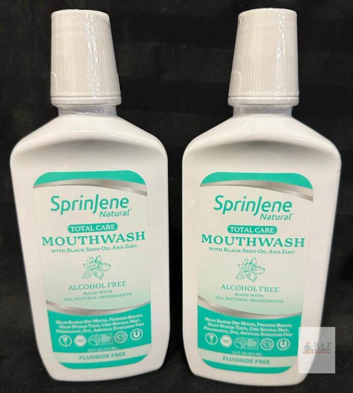 SprinJene Natural Total Care Mouthwash, 16 fl oz, 2 Bottles, Black Seed Oil & Zinc, Alcohol Free, Exp 08/27