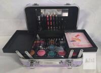Hot Sugar Purple Heart Train Case, Full Makeup Kit, 4 Brushes, 8 Pencils, Fold-Out Trays, Mirror