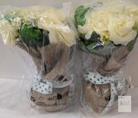 Artificial Cream Rose Faux Flower Arrangement in Burlap Base &ndash; 10in Tall, Ribbon Detail