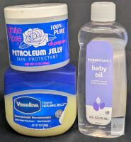 Vaseline 13 oz, White Rose 12 oz Petroleum Jelly & Amazon Basics 14 oz Lavender Baby Oil Bundle Note: Online returns. Volumes may be lower than listed