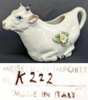 Meiselman Imports Italian Cow Creamer Pitcher K222, Hand-Painted Ceramic, Floral Decor, 1950s-70s Repair to horn, chips to flowersl petal & leaves, cracking + fine cracks present