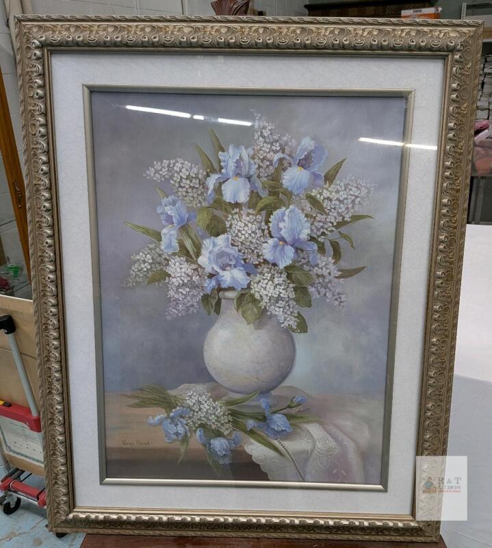 Vanna Florek Framed Floral Art Print APPROX 33.5"x43.5", Ornate Gilt Frame, Glass, Matted, Signed