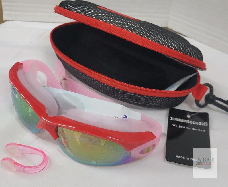 Mirrored Anti-Fog UV Shield Swimming Goggles Set with Nose Clip & Case, Red/Pink, Adult,