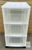 3-Drawer Plastic Storage Cart with Wheels, White Frame, Clear Drawers, 13.5"x15"x25.5", Top Organizer