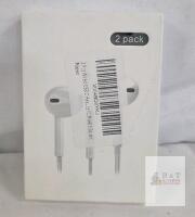 2 NEW Pack Wired USB-C Stereo Earbuds, 14mm Driver, Microphone, 3-Button Control, White