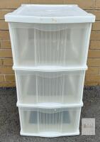 Plastic 3-Drawer Storage Unit, White/Clear, 14.5"x12.5"x25.5", Stackable, Integrated Handles