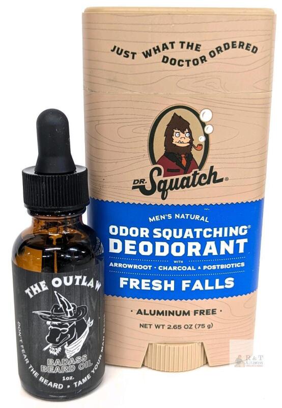 Badass Beard Oil "The Outlaw" 1oz Dropper, Dr. Squatch Fresh Falls Deodorant 2.65oz Note: Online returns. Volumes may be lower than listed