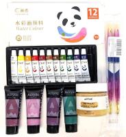 Art Kit: Panda 12-Colour Watercolours, 4 Acrylic Glitter Paints, ARTME Metallic Gold, Tools