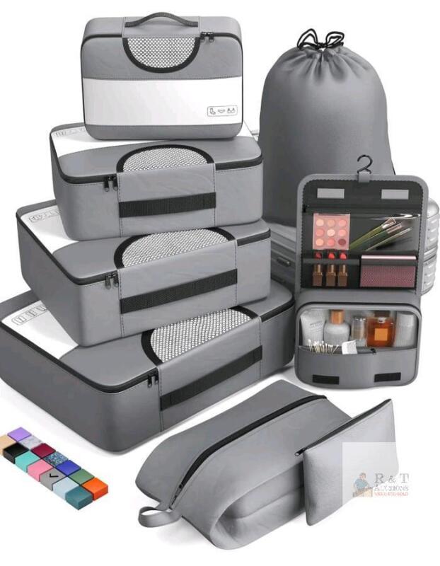 Veken 8-Piece Travel Packing Cubes Set, Multiple Sizes, Gray, Water-Resistant, Zipper Closure