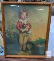Framed Vintage Art Print Child With Dog APPROX 21.5"x17.5" Ornate Wood Frame Glass Victorian Style