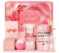 Spa Gift Box Set with Rose Candle, Mug with Encouragement Quote, Pink Bath Bomb & Gold Spoon