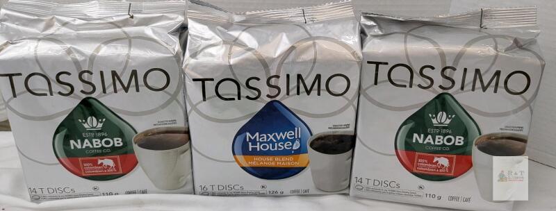 Exp 2025 Tassimo Coffee Pods Lot: 2 Nabob 100% Colombian 14ct, 1 Maxwell House Blend 16ct Sealed