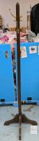69.5" Wooden Coat Rack with 4 Brass Tone Double Hooks, Sturdy Quad-Base, Dark Brown Finish