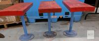 Three Pedestal-Mounted Commercial Benches &ndash; Wood Seats, Steel Base, 24&rdquo; x 12&rdquo;, Red/Blue