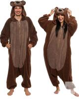 new Funziez! Bear Adult Unisex Onesie Pajama, Size Large, Hooded Fleece, Zipper, Pockets, Brown