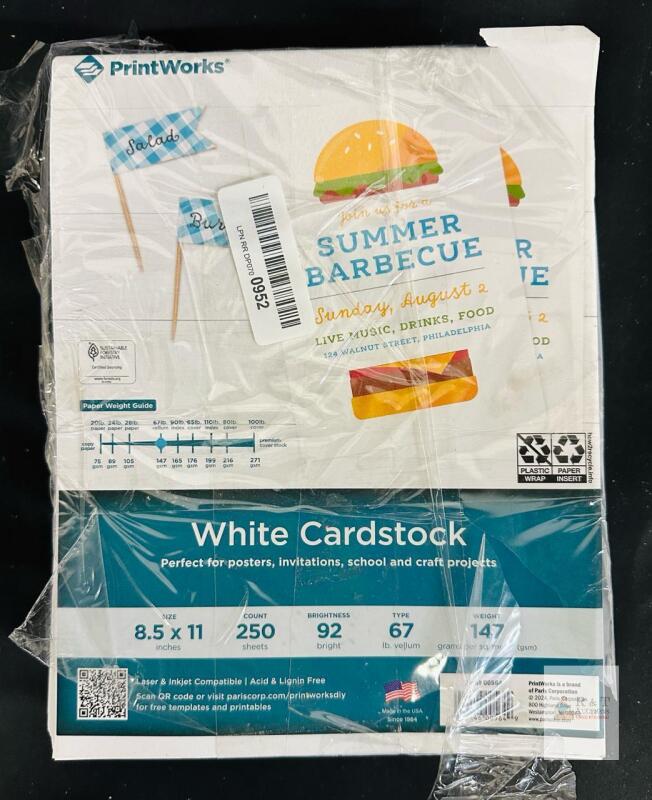PrintWorks White Cardstock 8.5x11" 67 lb Vellum 250 Sheets, 92 Bright, Acid-Free, Inkjet/Laser USA