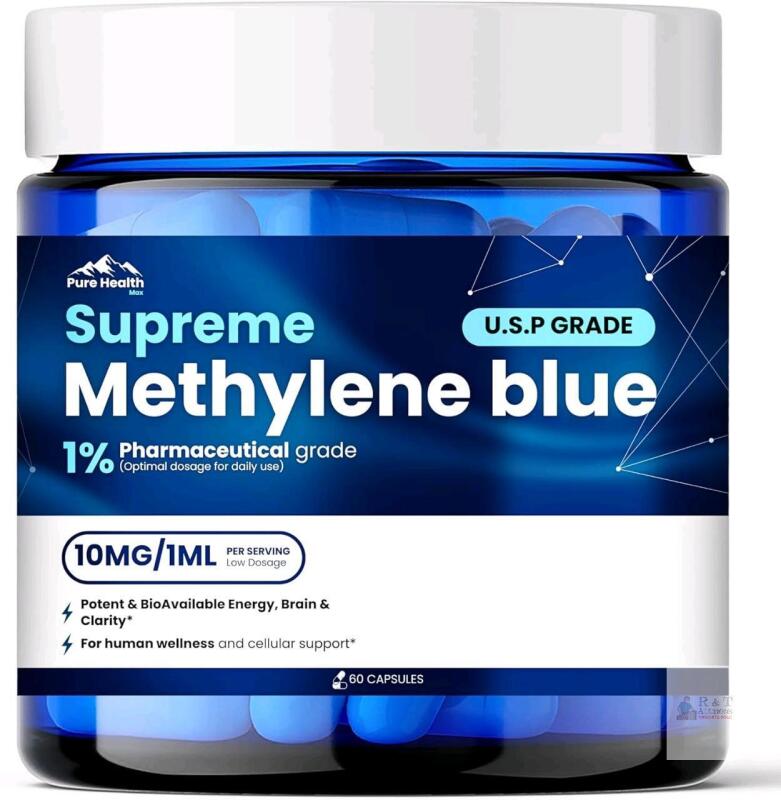 New Pure Health Max Supreme METHYLENE BLUE Capsules - Pharmaceutical Grade Supplement for Humans | 1% USP Grade Quality Third Party Tested | 60 Ultimate Brain Boost Tablets / 60 Day Supply