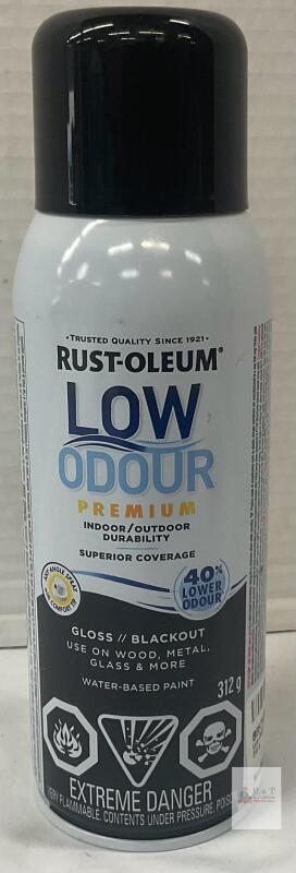 NEW Rust-Oleum Low Odour Premium Spray Paint, Blackout Gloss, Water-Based, 312g, Any-Angle, 40% Less Odour