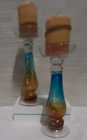 2 Crackled Glass Candlesticks w/ candles